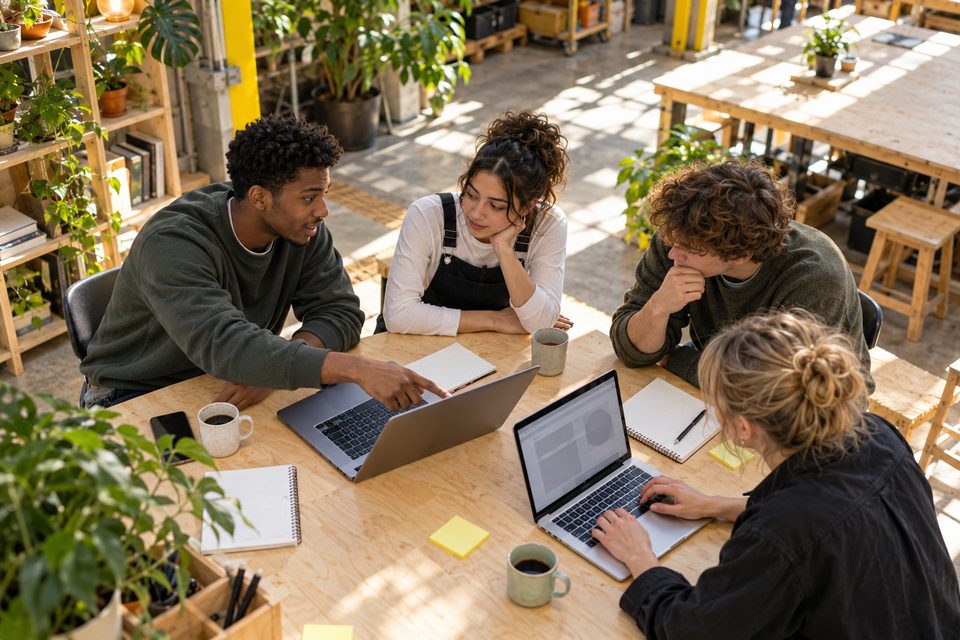 Goal, illustrative: The same young man, now teaching three other young adults round two laptops.