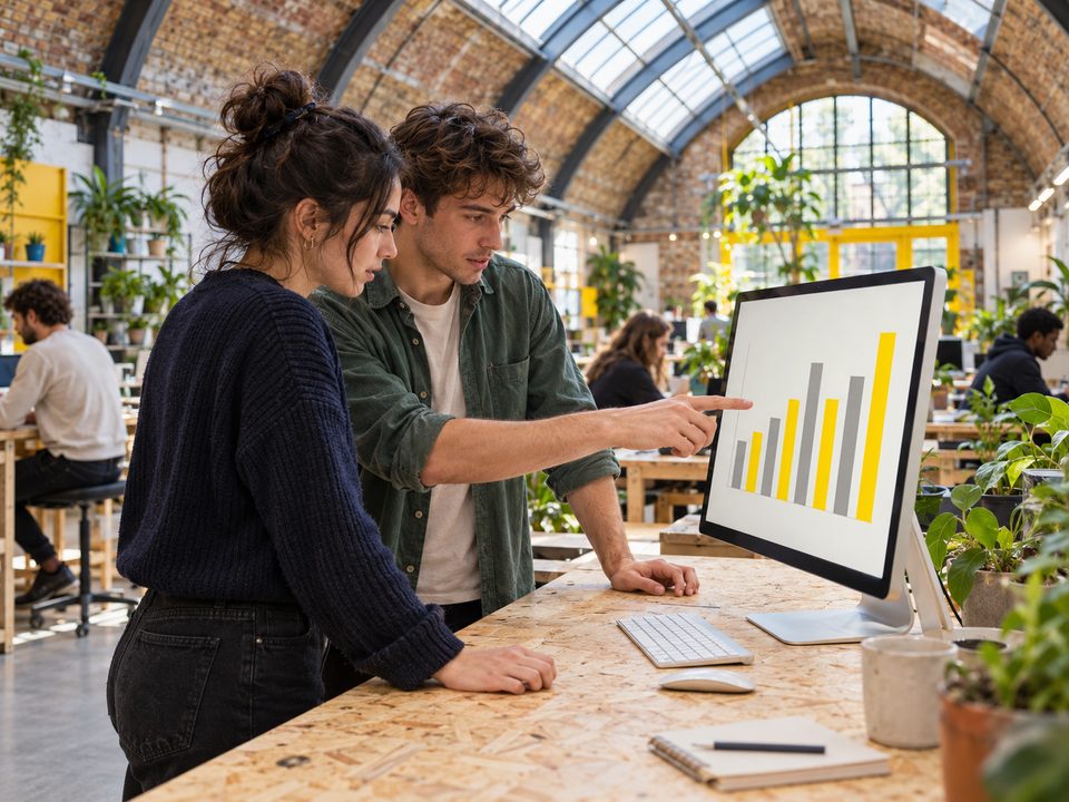 Goal, illustrative: Two young adults review a bar chart of the figures on a large screen.