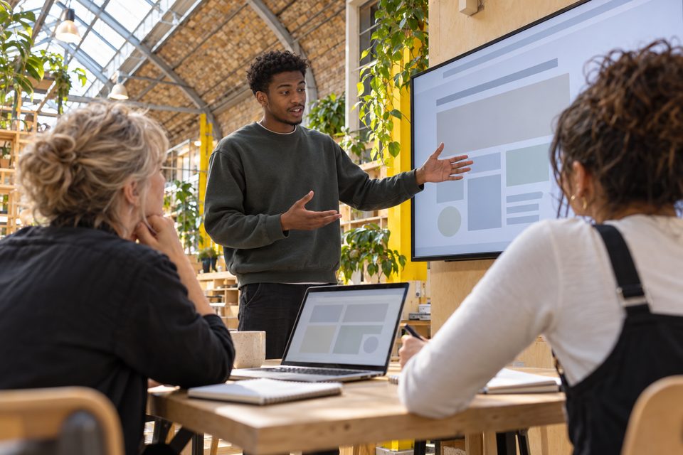 Goal, illustrative: A young man presents a website on a big screen to a community organisation manager and another young adult.