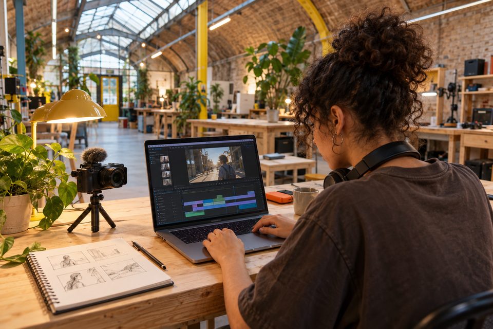 Goal, illustrative: A young adult edits a short video at a workbench.