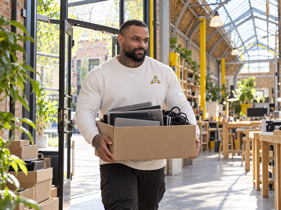 Proving it: the founder carrying in a crate of donated laptops. Made with AI from his own photos, with his consent.