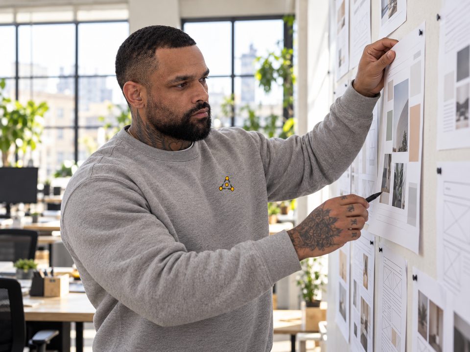 Proving it: the founder pinning up page designs in a rented office. Made with AI from his own photos, with his consent.