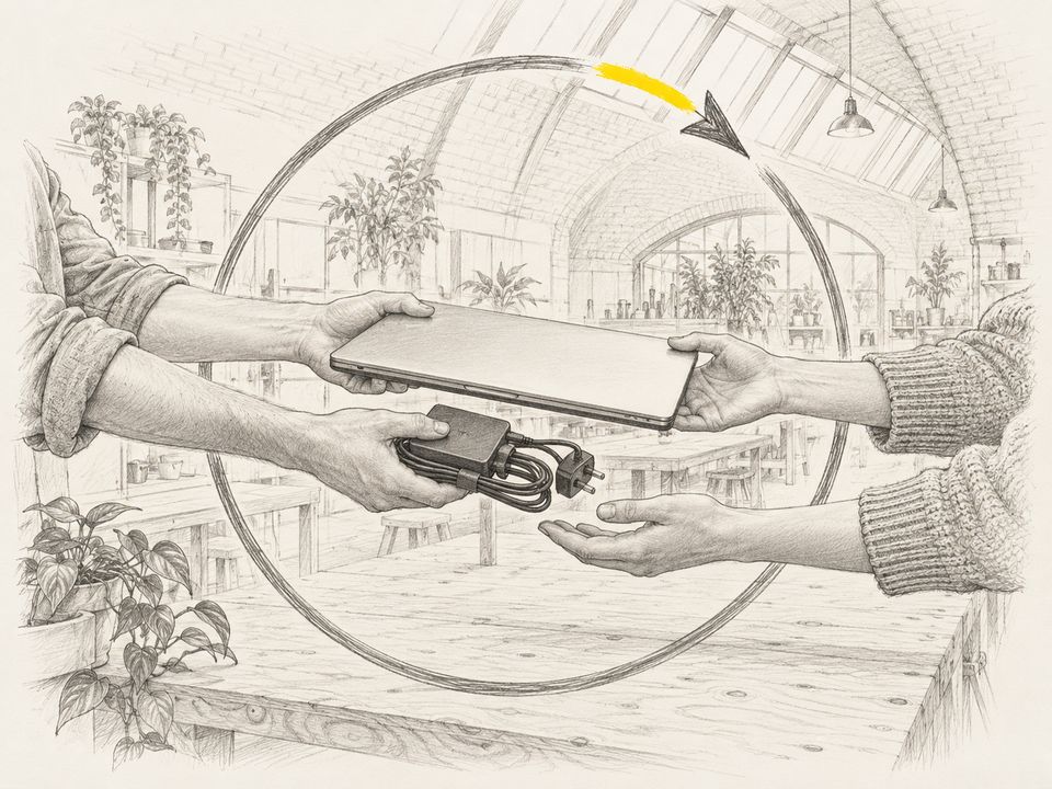 Idea, illustrative: Sketch of hands passing on a laptop, inside a circular arrow.
