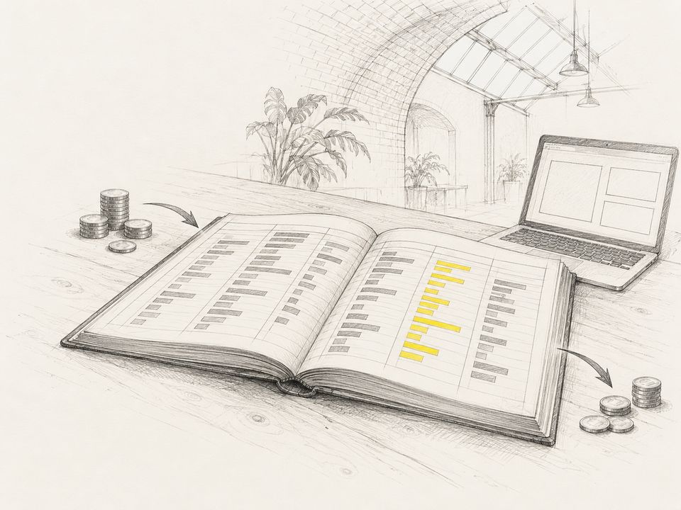 Idea, illustrative: Sketch of an open ledger with money coming in and going out.