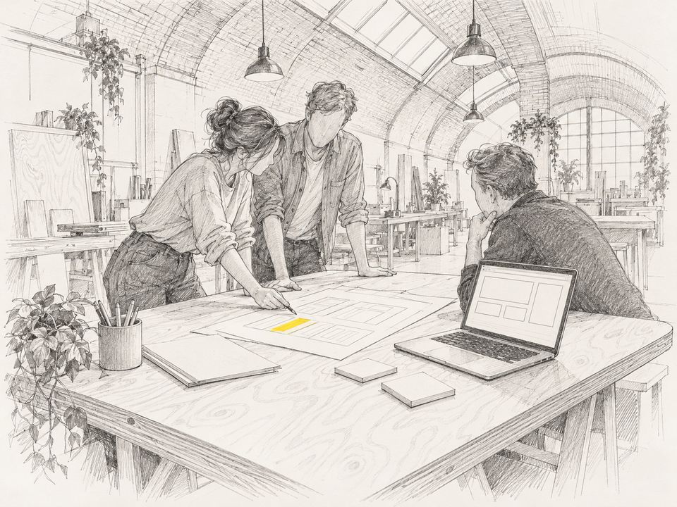 Idea, illustrative: Sketch of a paid brief: a client and two makers round a table with a laptop.