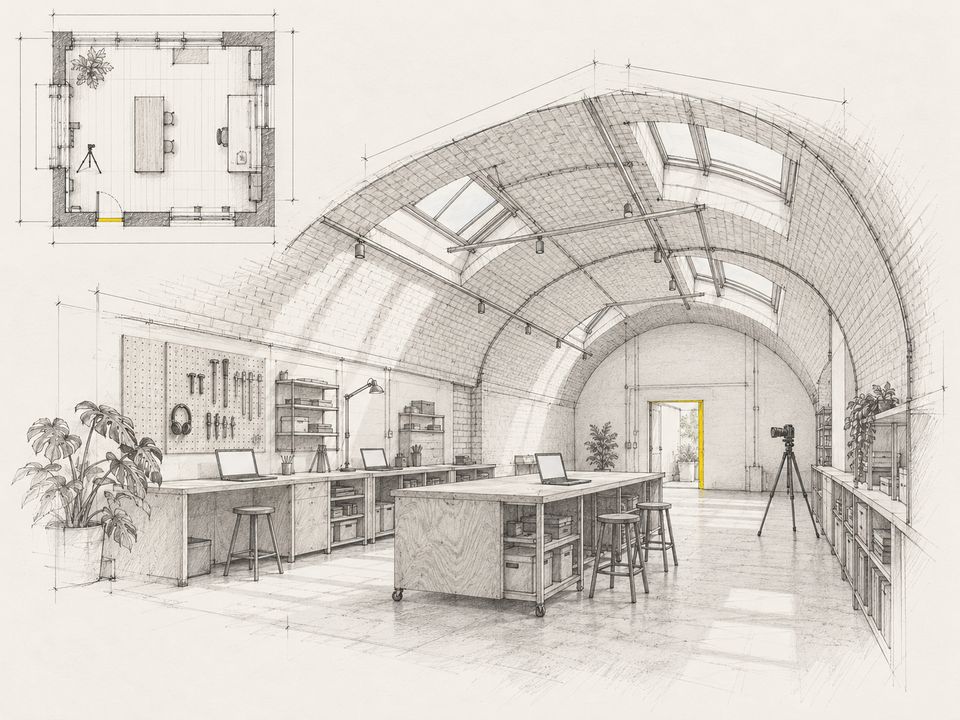 Idea, illustrative: Measured sketch of an empty workshop with benches, laptops and tools.